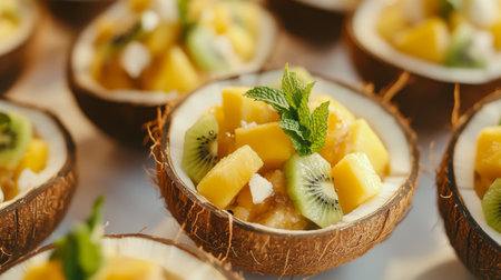 A vibrant tropical fruit salad served in a coconut bowl garnished with mint leaves. Perfect for summer events or healthy dining experiences.の素材