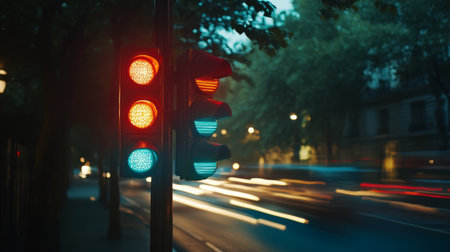 A vibrant urban scene featuring a traffic light at night, with red and green signals glowing amidst a backdrop of motion blur from passing vehicles.の素材