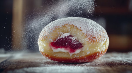 A luscious berry-filled donut dusted with powdered sugar, showcasing a soft texture. Perfect for dessert lovers seeking a sweet indulgence.の素材