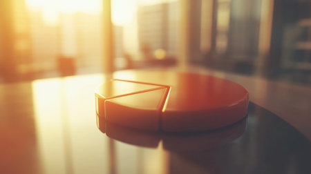 A glowing orange pie chart sits on a polished table, symbolizing business growth and financial analysis in a modern office bathed in sunset light.の素材