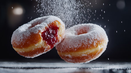 Delight in the sweetness of fresh jelly donuts dusted with powdered sugar, perfect for any occasion. Capture the essence of indulgence in this vibrant shot.の素材