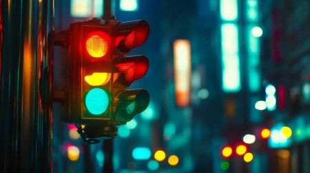 A vibrant traffic light with red, yellow, and green signals illuminated against a blurred city backdrop, showcasing urban night life and technology.の素材