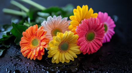 A stunning close-up of vibrant flowers featuring water droplets, set against a dark background, showcasing the beauty and freshness of nature.の素材