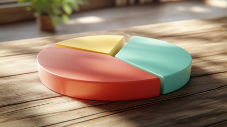 A colorful pie chart displayed on a wooden table, representing data analysis. This modern design serves as a visual tool for business presentations and reports.の素材