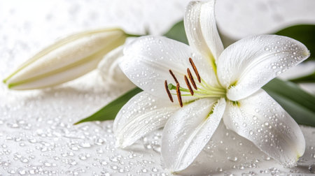 A fresh white lily adorned with raindrops rests on a light surface, showcasing its delicate petals and vibrant greenery, perfect for nature-themed decor.の素材