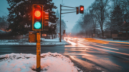 A snowy evening scene featuring traffic lights with a red and green signal. The blurred lights of passing vehicles create a dynamic urban atmosphere.の素材
