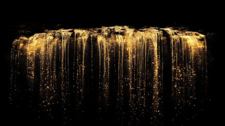 This captivating image features a golden waterfall emitting sparkling lights against a black background, creating a stunning visual effect. Perfect for artistic or serene themes.の素材