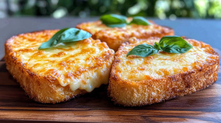 Enjoy this mouthwatering crispy cheese toast topped with fresh basil. Perfect for appetizers, snacks, or gourmet meals, it's a delightful treat!の素材