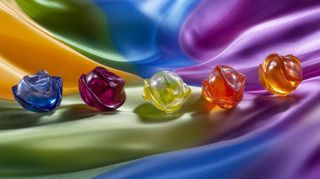 Five colorful glass flowers are elegantly arranged on a vibrant satin fabric, showcasing a delicate interplay of light and color that enhances the artistic appeal.の素材