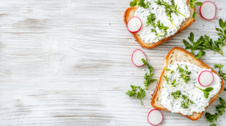 Enjoy a delightful view of fresh herb and cream cheese toast decorated with radish slices, perfect for a healthy snack or a vibrant breakfast.の素材