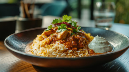 A vibrant bowl of flavorful curry served over fluffy rice, garnished with fresh herbs. Perfect for food lovers seeking comfort and taste in every bite.の素材