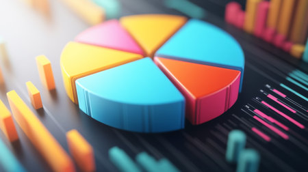 A vibrant pie chart next to bar graphs showcasing data analysis and visualization, perfect for business presentations and financial reports.の素材