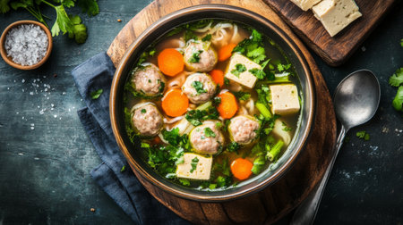 A flavorful bowl of meatball soup filled with fresh carrots, tofu, and herbs. Perfect for a healthy meal, highlighting vibrant colors and textures.の素材
