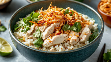 A vibrant chicken rice bowl topped with fresh herbs and crispy onions. Ideal for a delicious lunch or dinner, showcasing Asian culinary flavors.の素材