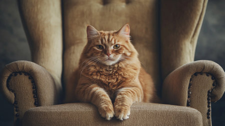 A charming orange cat lounges elegantly in a vintage armchair, showcasing its soft fur and calm demeanor, perfect for pet lovers and home decor.の素材