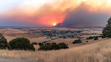 Stunning view of a sunset overshadowed by smoke from a wildfire, creating a dramatic sky over a quiet rural landscape with rolling hills and golden grass.の素材