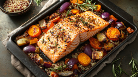 Delight in this oven-baked salmon dish accompanied by vibrant vegetables and quinoa, perfect for a nutritious dinner. A flavorful blend of health and taste.の素材