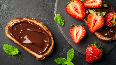 A delightful arrangement featuring chocolate spread on a crispy toast, complemented by fresh strawberries and mint, perfect for breakfast or dessert.の素材