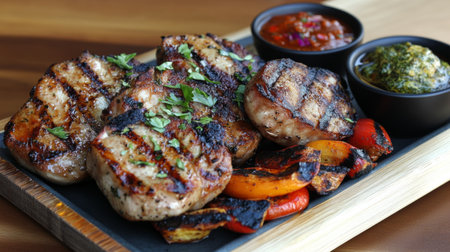 A beautifully arranged grilled meat platter featuring succulent cuts of meat, vibrant vegetables, and zesty sauces that promise a delicious dining experience.の素材
