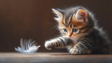 A charming kitten playfully reaching for a delicate feather in soft, warm lighting. The image captures the innocence and curiosity of a young cat engaged in a joyful moment.の素材