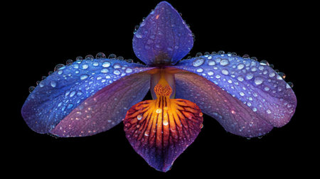 A stunning close-up of a vibrant orchid showcasing striking colors and delicate water droplets, perfect for nature-themed projects and artistic expressions.の素材