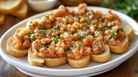 A vibrant plate of delicious bruschetta topped with fresh ingredients and herbs, perfect for parties or gatherings. A tasty vegetarian appetizer!の素材