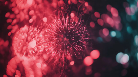 A stunning display of vibrant fireworks in red and blue hues, capturing the excitement and joy of a festive celebration. The striking patterns and light create a mesmerizing atmosphere.の素材