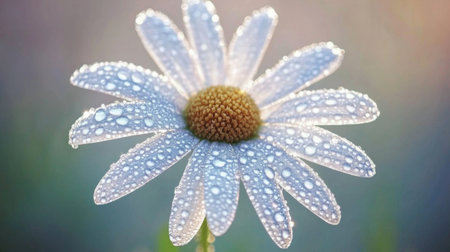 A closeup of a fresh daisy covered in dew drops, capturing the beauty of nature in the morning light. This image evokes feelings of serenity and freshness.の素材