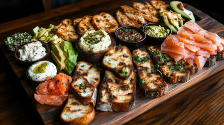 A beautifully arranged wooden platter showcasing a variety of gourmet appetizers, including toast, dips, salmon, and fresh vegetables, perfect for gatherings.の素材