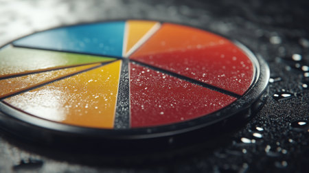A vibrant circular palette with colorful segments sits on a wet surface, showcasing a blend of artistic creativity and design inspiration, perfect for artistic projects.の素材