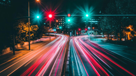 Capture the dynamic night traffic scene filled with vibrant green and red lights illuminating the road. Vehicles create streaks of motion in this urban landscape.の素材