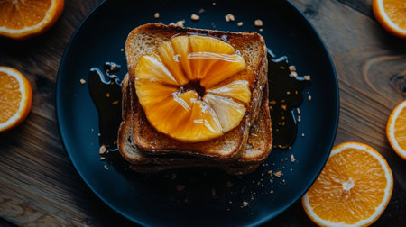 A vibrant toast topped with pineapple and orange slices, drizzled with syrup, perfect for a delicious breakfast or brunch that delights the senses.の素材