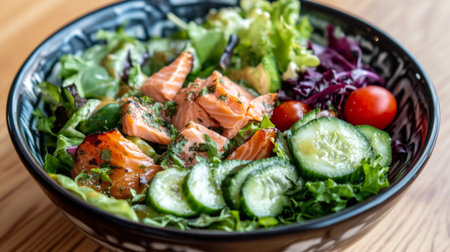This vibrant salad features fresh salmon on a bed of mixed greens, complemented by cucumbers and cherry tomatoes for a healthy meal option. Perfect for any dining occasion.の素材