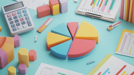 Brightly colored business tools arranged on a desk, featuring a pie chart, calculator, documents, and stationery, perfect for illustrating workplace analysis and planning.の素材