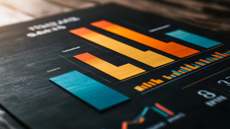 A vibrant bar chart displayed on a dark surface, showcasing data analysis and statistical trends, ideal for business presentations and reports.の素材