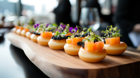 A visually stunning array of elegant appetizers showcases gourmet ingredients on a wooden platter, perfect for upscale dining experiences and events.の素材