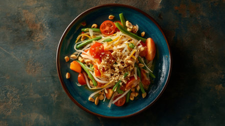 Delicious fresh vegetable salad featuring colorful ingredients like tomatoes and bean sprouts, topped with nuts and herbs for a refreshing taste.の素材