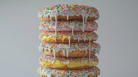 A stack of vibrant donuts with colorful icing and sprinkles, dripping with sweetness, perfect for any celebration or festive occasion, highlighting indulgence.の素材