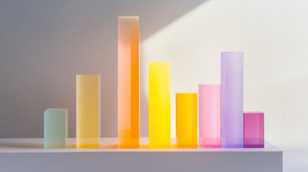 A vibrant display of colorful transparent bars arranged on a white surface, creating a striking visual effect under soft sunlight, perfect for modern design projects.の素材