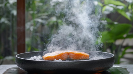 A fresh salmon fillet sizzles on a hot surface, creating a cloud of aromatic steam. This image captures the essence of cooking seafood in a vibrant kitchen setting.の素材
