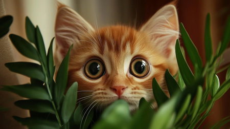 A cute orange kitten with wide eyes peeks out from behind lush green leaves, showcasing its playful and curious nature in a warm indoor setting.の素材