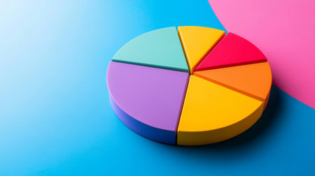 This vibrant pie chart on a blue background visually represents data segments with bright colors. Ideal for business, education, and marketing presentations.の素材