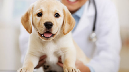 An adorable puppy being cared for by a friendly veterinarian in a clinic setting, showcasing the bond between pets and their caregivers in a warm environment.の素材