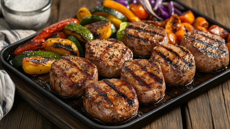 A visually appealing platter of grilled meat and colorful vegetables, perfect for a summer cookout or family gathering, showcasing delicious flavors.の素材