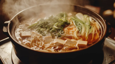 A steaming pot of hot pot featuring fresh vegetables, tofu, and noodles. Perfect for sharing during a cozy meal, showcasing vibrant colors and culinary warmth.の素材