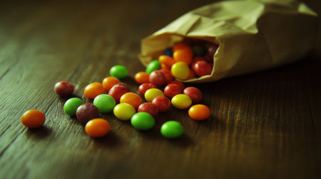 A vibrant scene featuring colorful candy spilling from a brown paper bag onto a wooden table, capturing the essence of joy, celebration, and playful indulgence.の素材