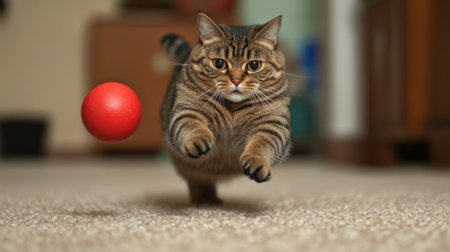 A playful cat leaps energetically towards a red ball on a soft carpeted floor, capturing the joy and action of a fun indoor moment.の素材