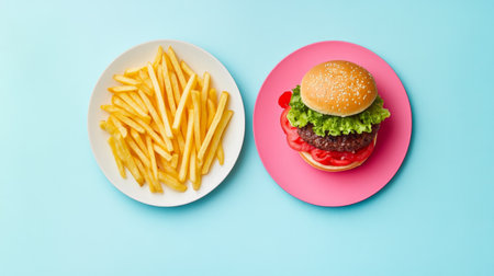 A vibrant composition featuring a juicy burger with fresh toppings and crispy fries, set against a bright blue and pink background. Ideal for food-related projects.の素材