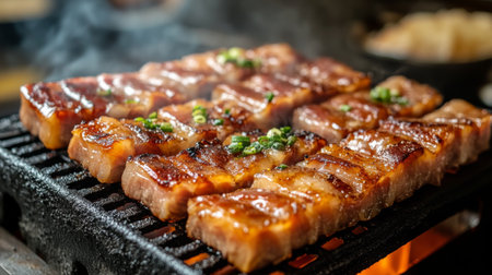 Tantalizing grilled meat sizzling on a charcoal grill, with smoke rising and fresh herbs garnishing the dish, perfect for food lovers and culinary enthusiasts.の素材