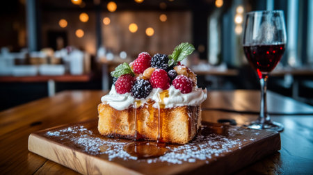 A beautifully presented dessert featuring a slice of cake topped with fresh berries and whipped cream, paired with a glass of red wine, perfect for dining.の素材